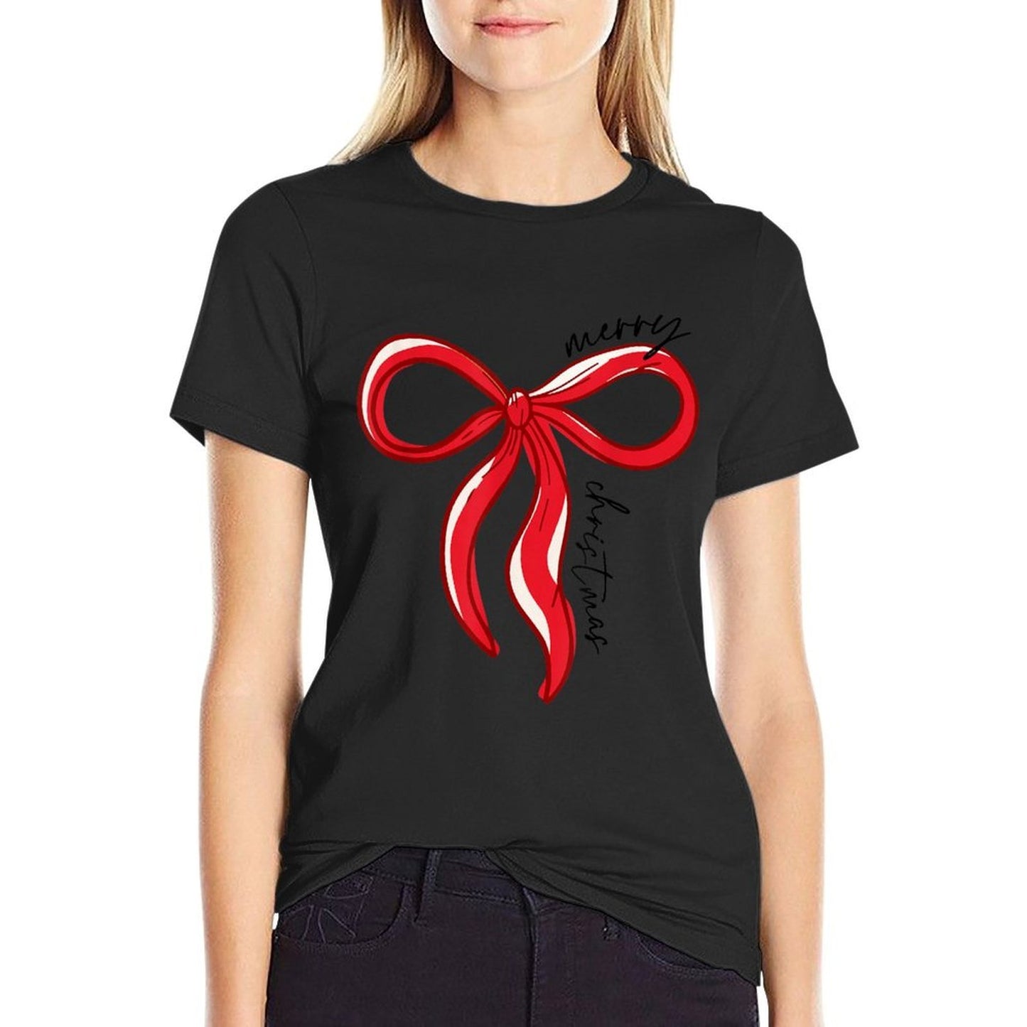 Merry Christmas Bow Red Santa Xmas Coquette Aesthetic  High-quality Stitching T-Shirt