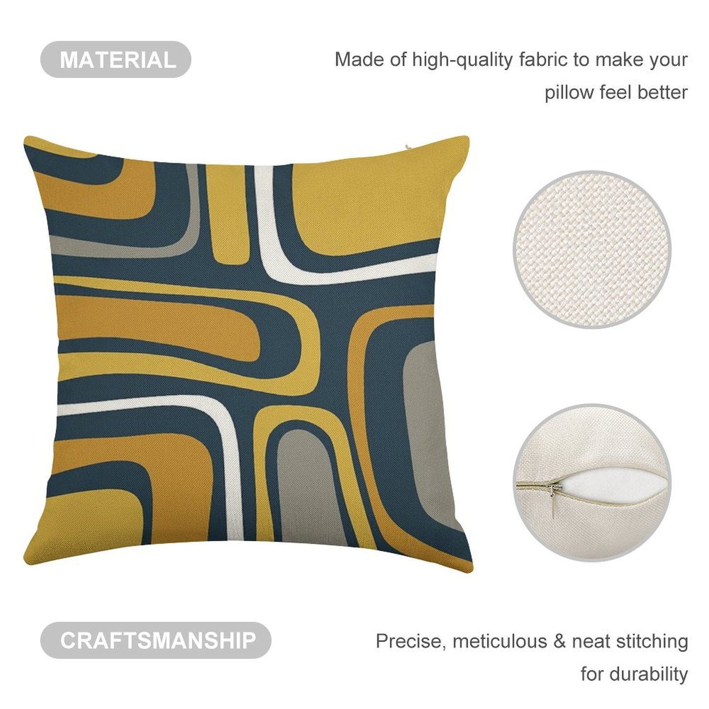 Palm Springs Mid-Century Modern Abstract Pattern in Light And Dark Mustard, Gray, And White on Navy Blue Linen Throw Pillow Cover