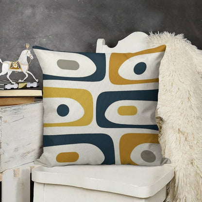 Mid Century Modern Piquet Abstract Minimalist Pattern in Navy Blue, Light And Dark Mustard, Grey, And White Linen Throw Pillow Cover