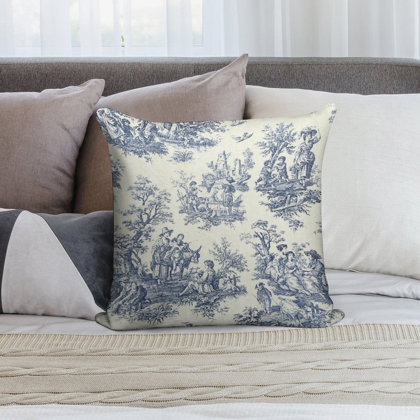 Powder Blue French Toile Picnic Designs Soft Ultra-Soft Texture Throw Pillow