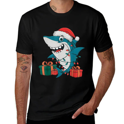 Xmas Lighting Santa Hat Shark Christmas  Fade-proof Color T-Shirt