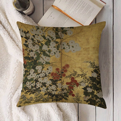 White Red Chrysanthemums Floral Japanese Gold Screen Print Linen Throw Pillow Cover