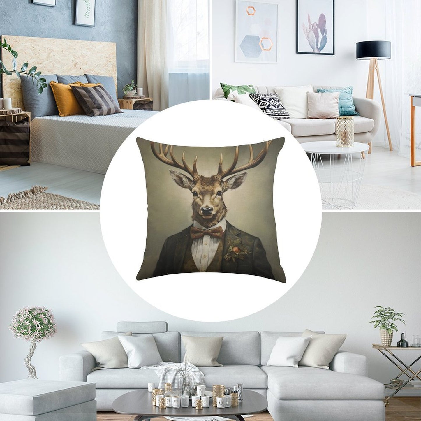 Dapper Deer Portrait Art Linen Throw Pillow Cover
