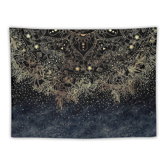 Blue Gold Mandala Floral Tapestry