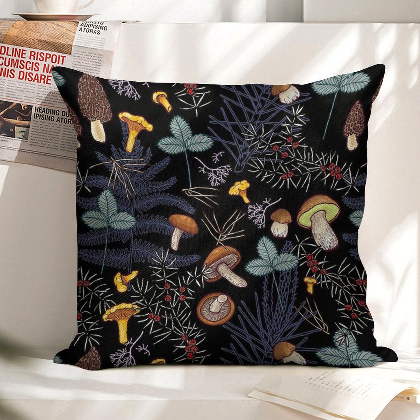 Dark Wild Forest Mushrooms Linen Throw Pillow Cover
