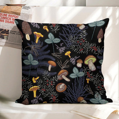Dark Wild Forest Mushrooms Linen Throw Pillow Cover