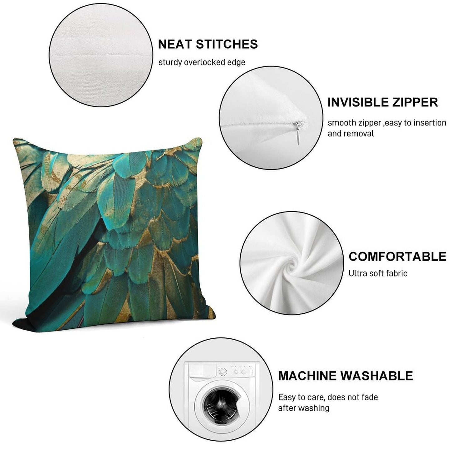 Feather Glitter Teal And Gold Soft Home Decor Throw Pillow