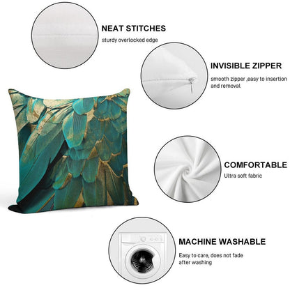 Feather Glitter Teal And Gold Soft Home Decor Throw Pillow