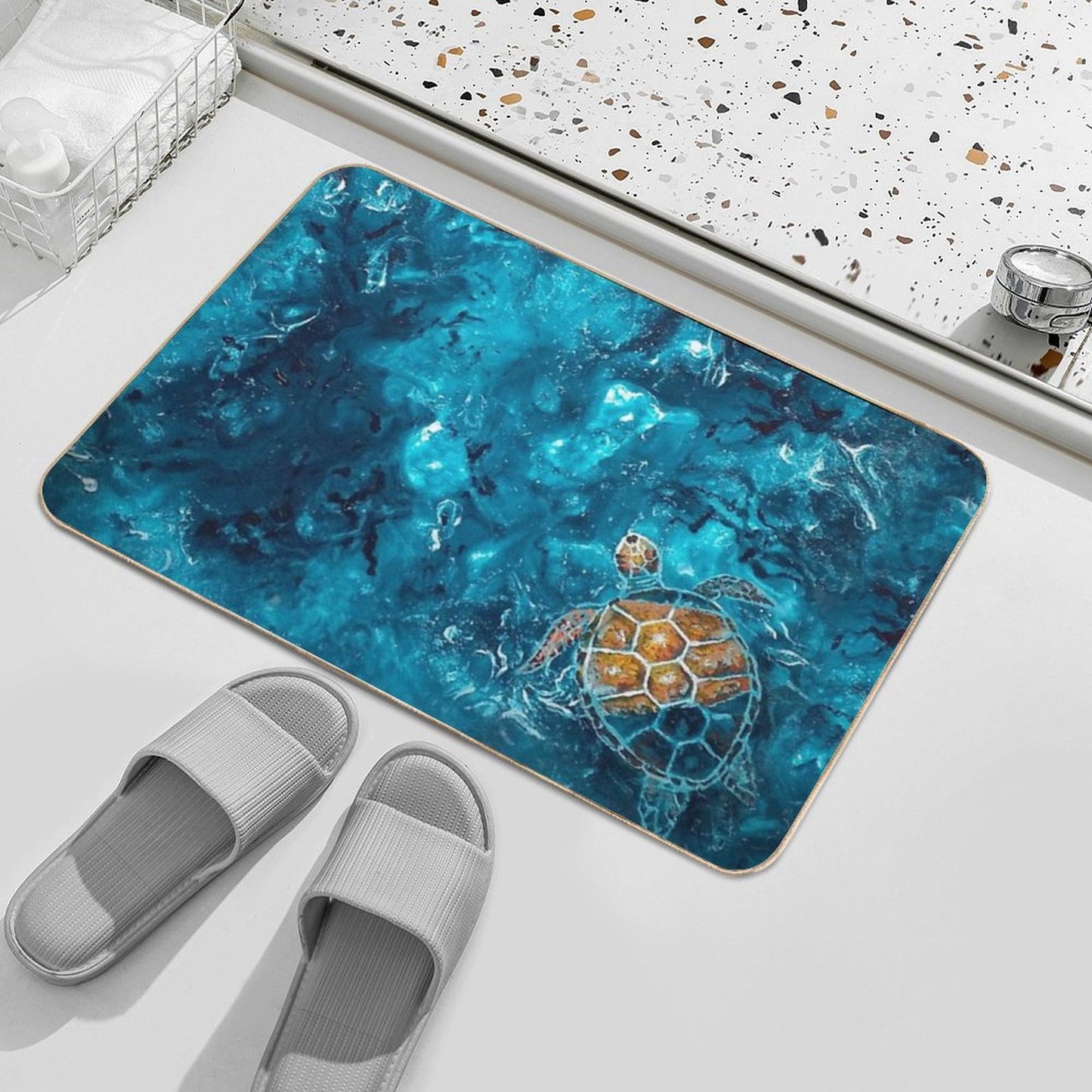 Painted Turtle In Aqua Waters Bath Mat