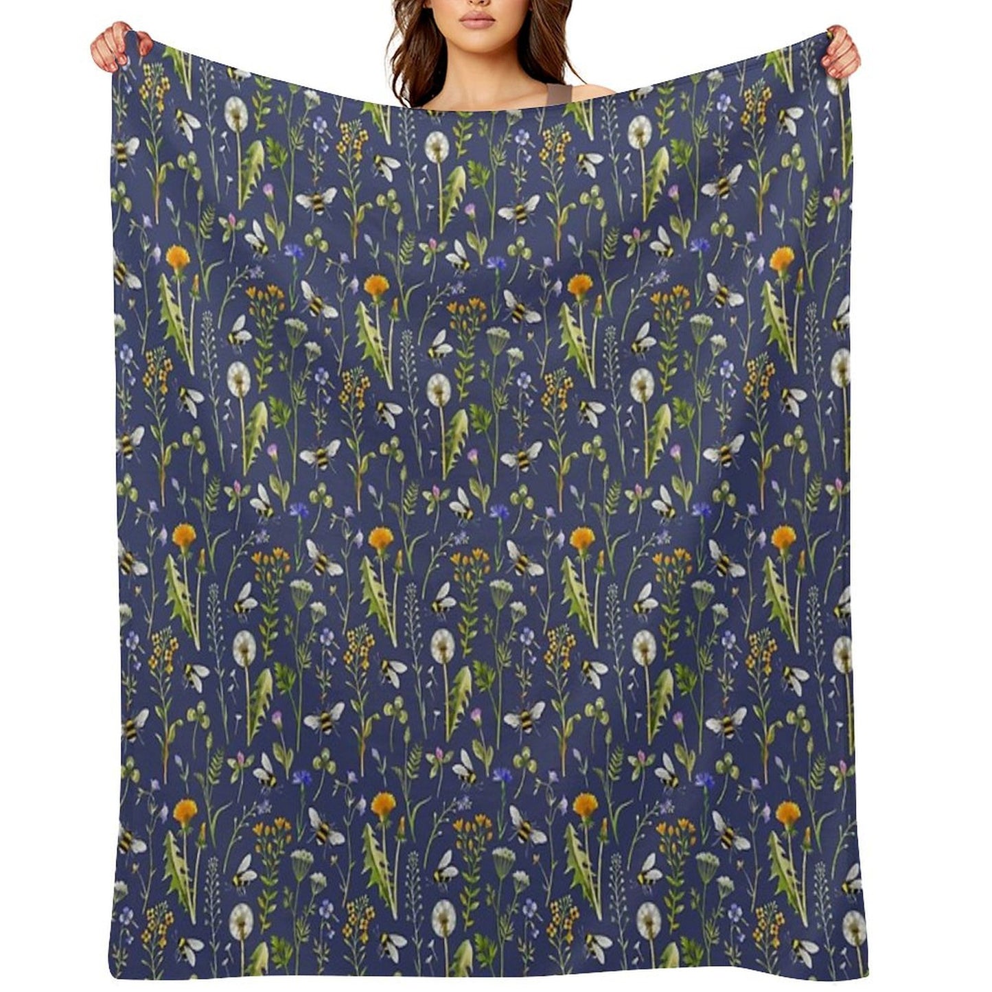 Bees And Wildflowers  Dark Blue Throw Blanket