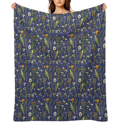 Bees And Wildflowers  Dark Blue Throw Blanket