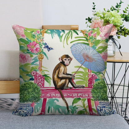 Monkey in Chinoiserie Garden Linen Throw Pillow Cover