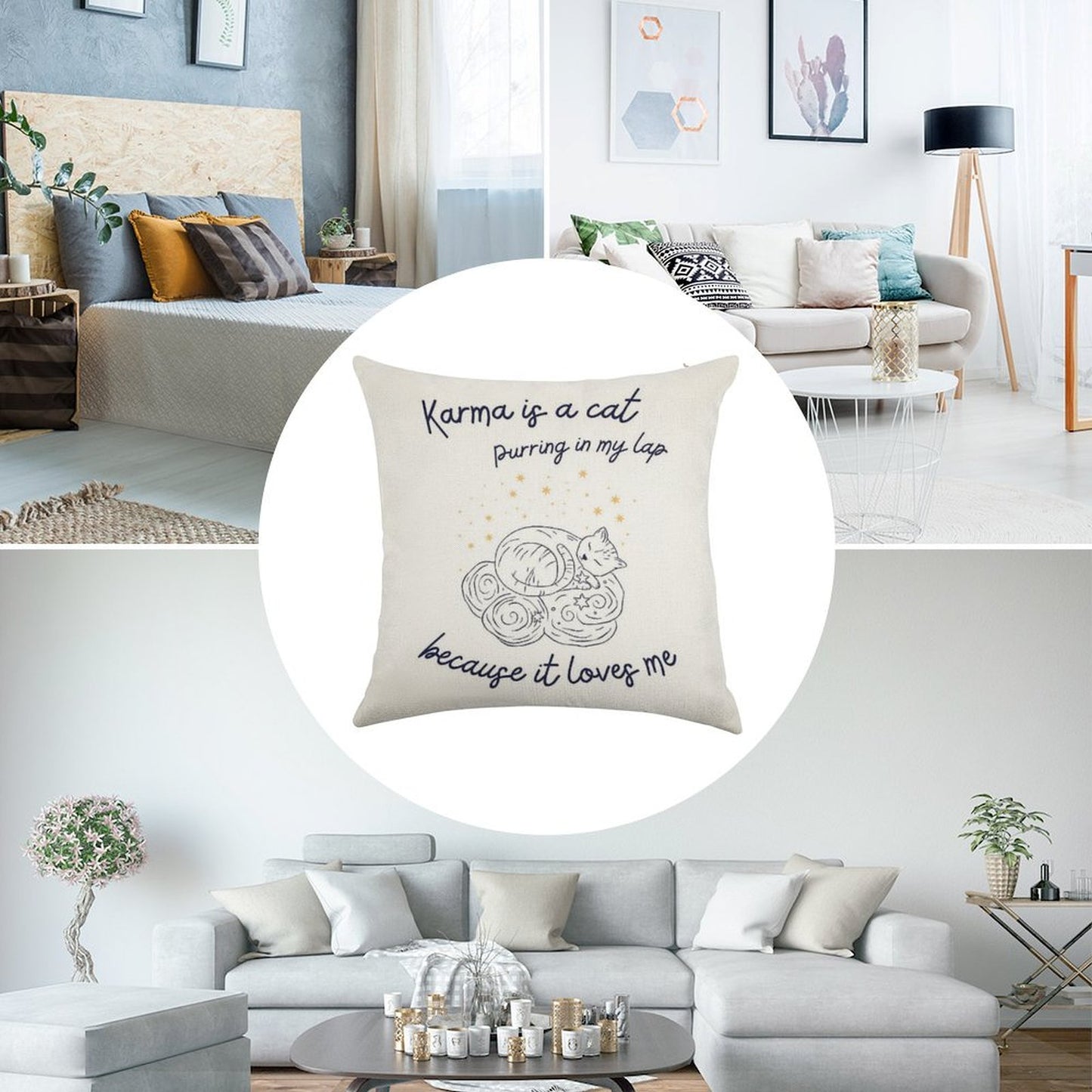 Karma Is A Cat Linen Throw Pillow Cover