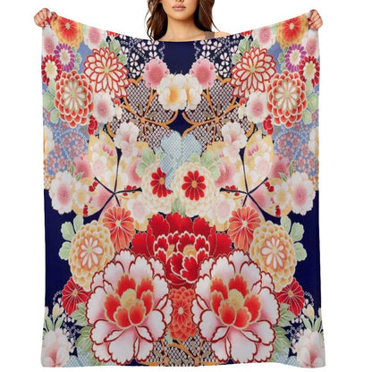 ANTIQUE JAPANESE FLOWERS Pink White Wild Roses Kimono Style Floral Throw Blanket
