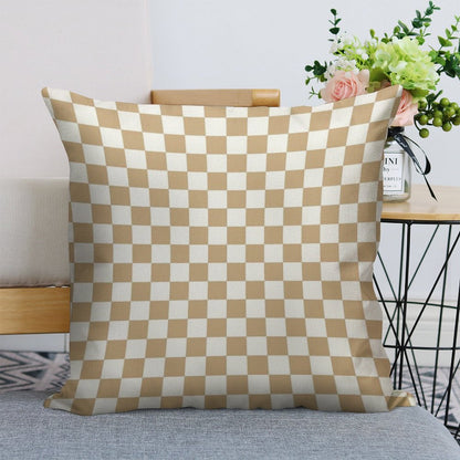 White And Tan Brown Checkerboard Linen Throw Pillow Cover