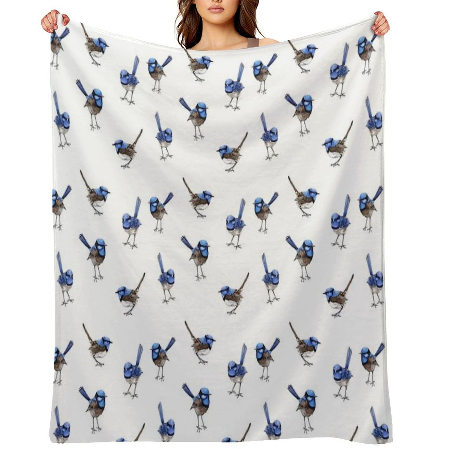 Blue Wrens, Scattered on White Throw Blanket