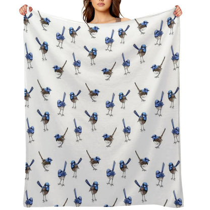 Blue Wrens, Scattered on White Throw Blanket