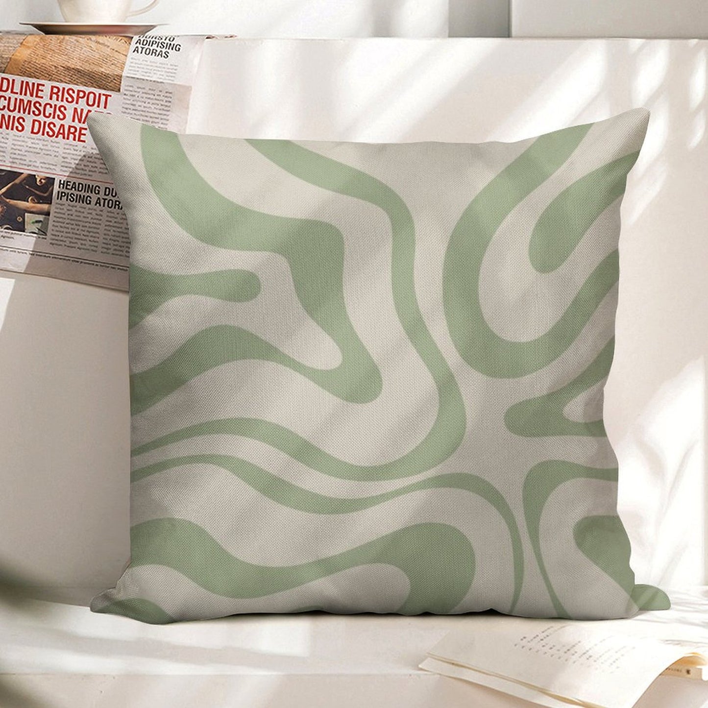 Liquid Swirl Abstract Pattern in Beige And Sage Green Linen Throw Pillow Cover