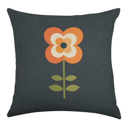 Retro Flower - Orange And Charcoal Linen Throw Pillow Cover