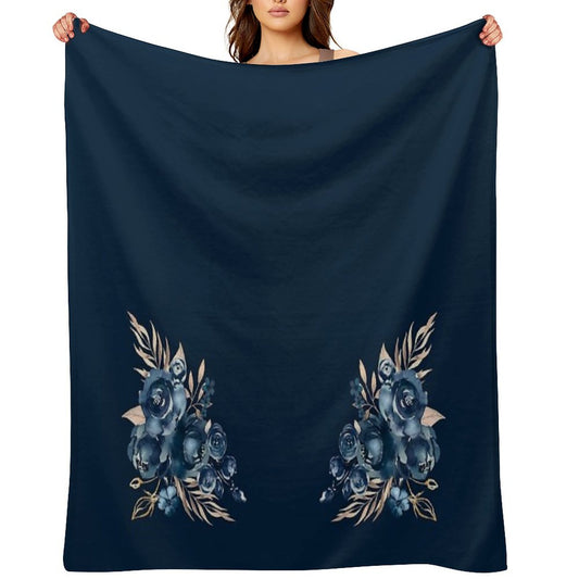 Navy Blue Floral, Watercolor Rose, Aesthetic Throw Blanket