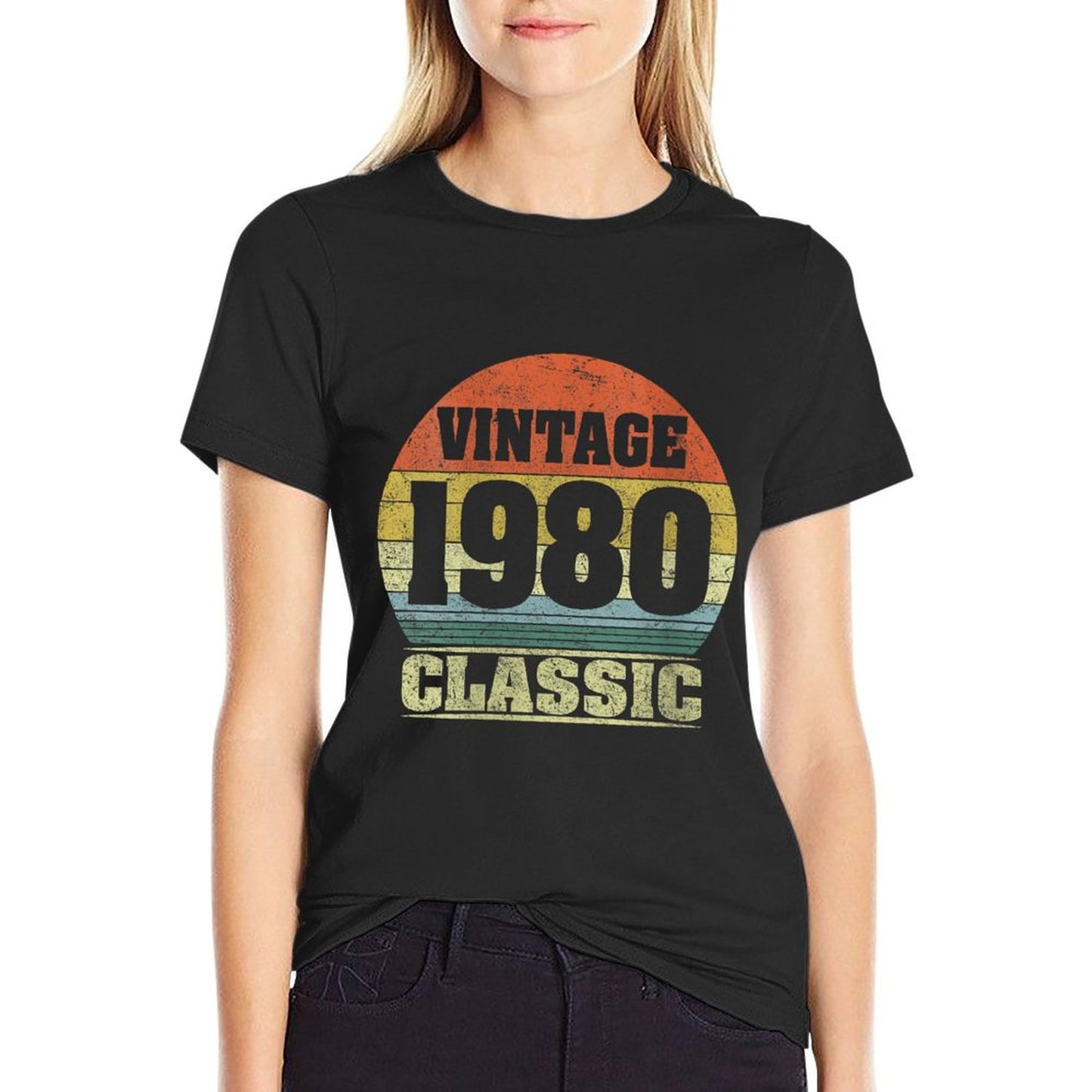 Womens 1980 40th Birthday Gift Vintage Retro Men Women 40 Years Old  Ribbed Collar T-Shirt