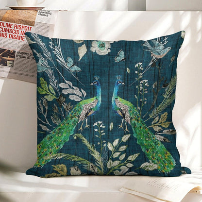 Peacock Chinoiserie (teal) Linen Throw Pillow Cover