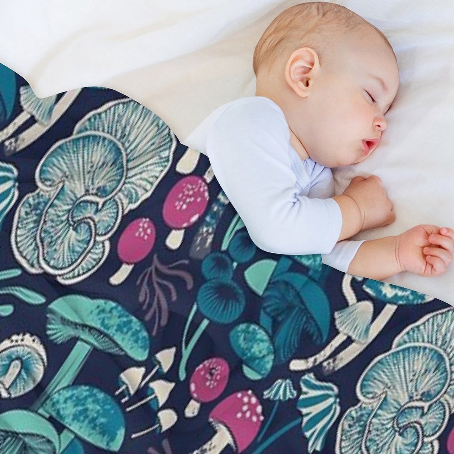 Mystical Fungi  Midnight Blue Background Mint Teal And Dark Pink Wild Mushrooms Throw Blanket