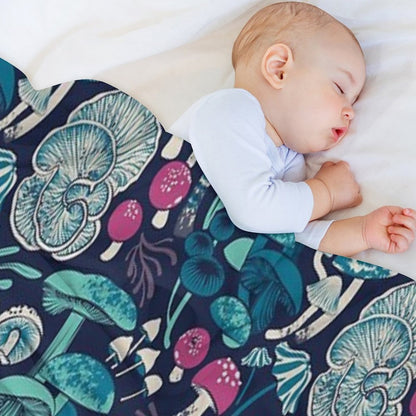 Mystical Fungi  Midnight Blue Background Mint Teal And Dark Pink Wild Mushrooms Throw Blanket