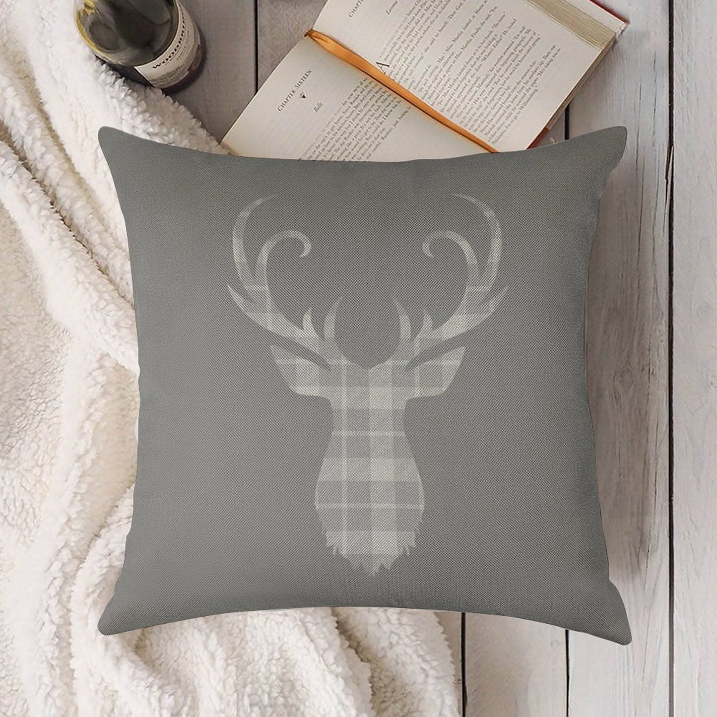 Grey Tartan Stag Head Linen Throw Pillow Cover