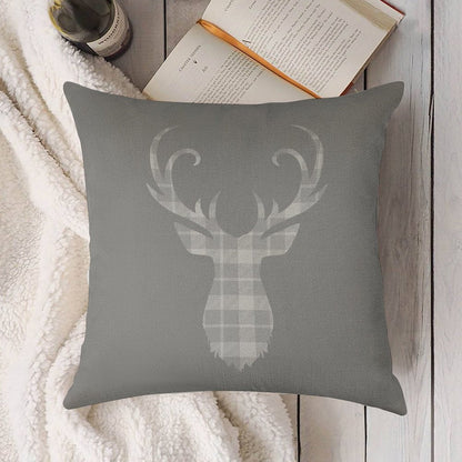Grey Tartan Stag Head Linen Throw Pillow Cover