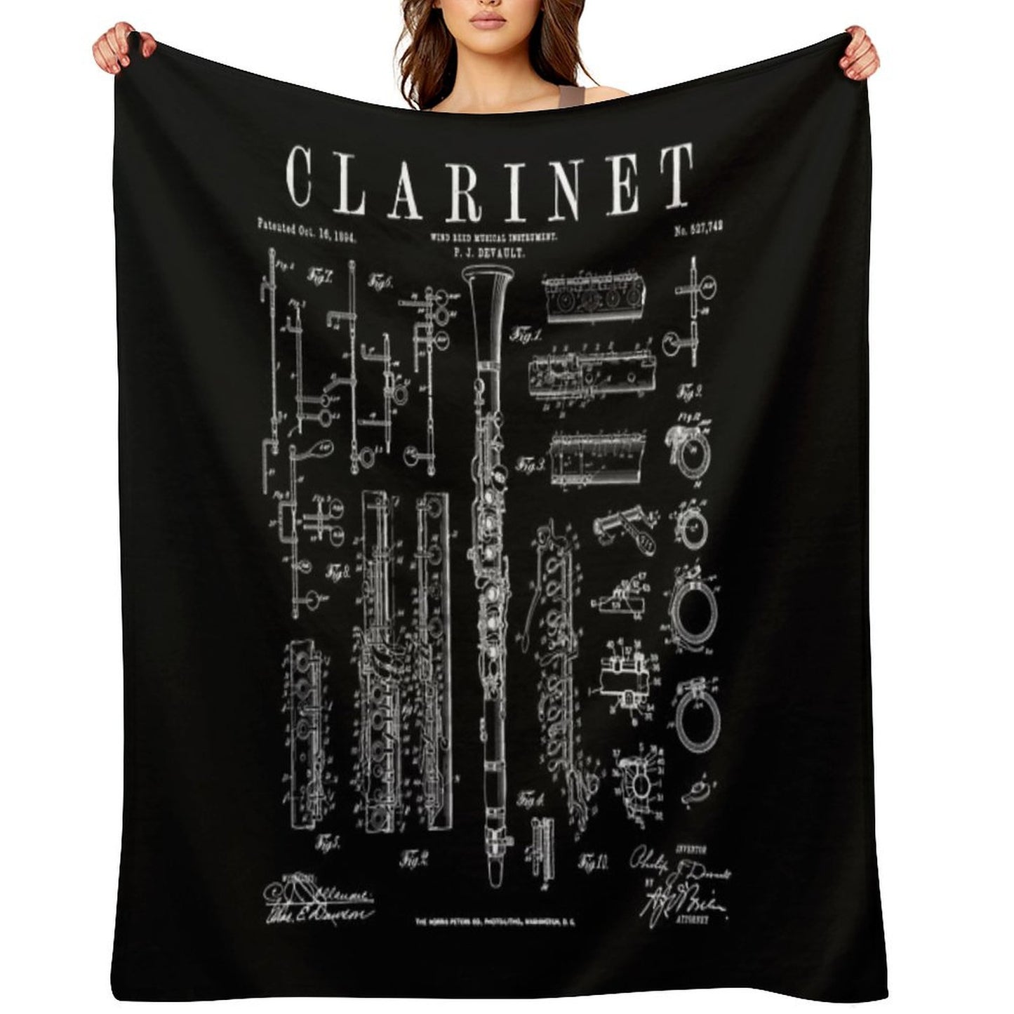 Clarinet Vintage Patent Clarinetist Drawing Print Throw Blanket