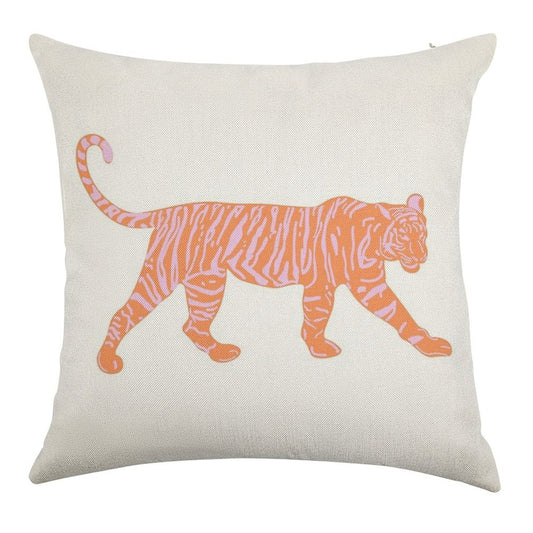 Orange And Pink Tiger Linen Throw Pillow Cover