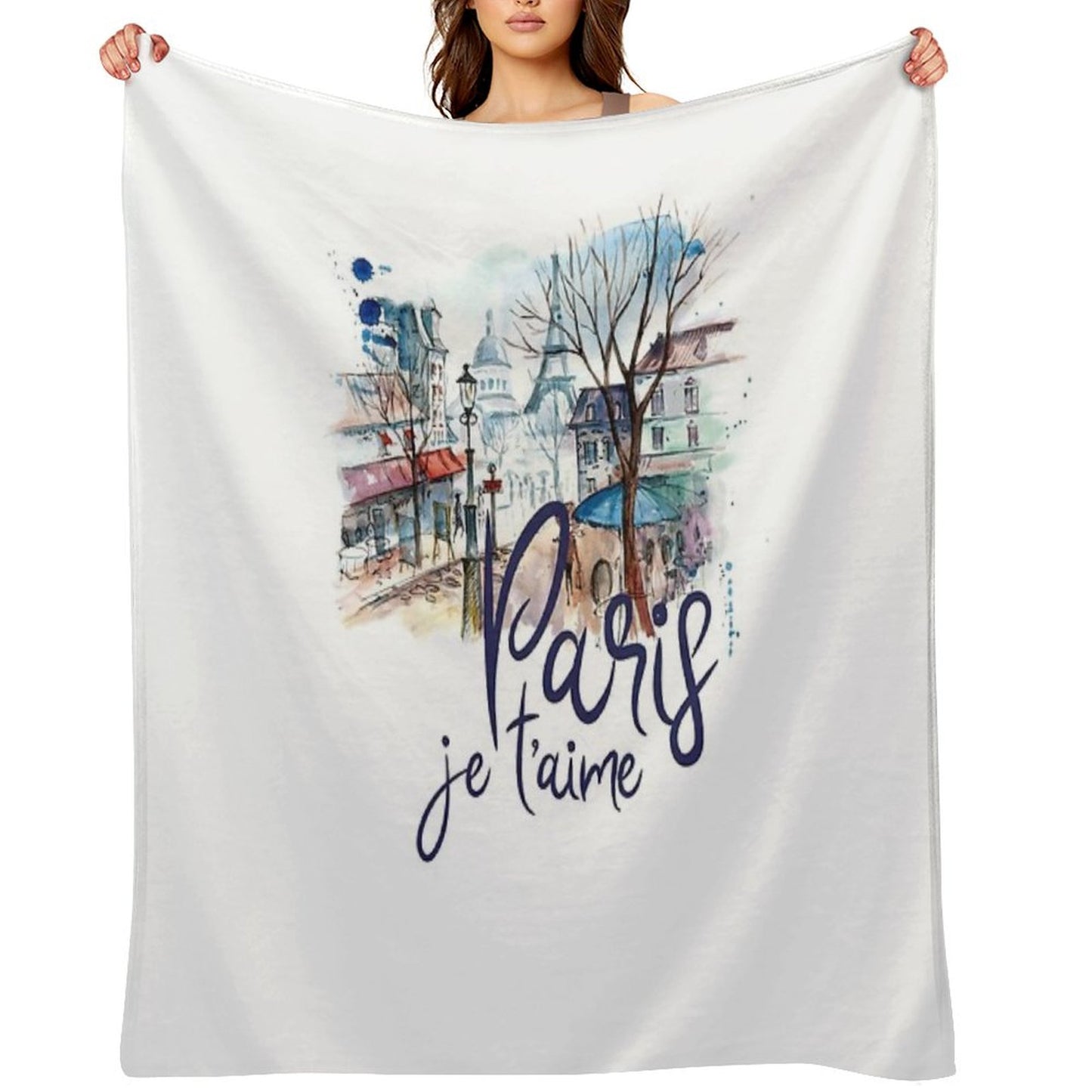 Paris Je T'aime Watercolor Calligraphy Art - France Souvenir Gifts Throw Blanket
