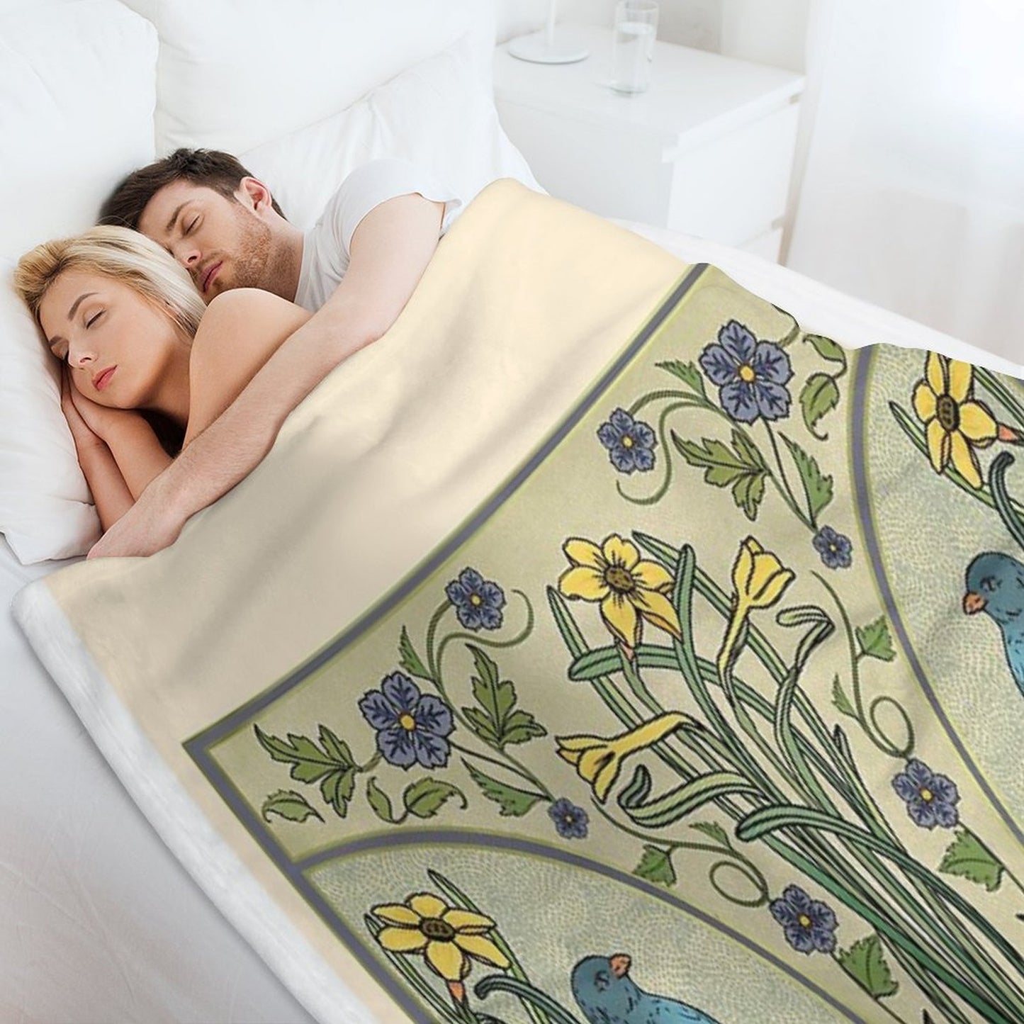 Bluebirds And Spring Blossoms Inspired By Art Nouveau Throw Blanket