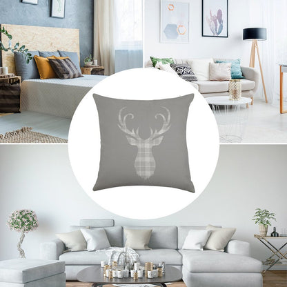 Grey Tartan Stag Head Linen Throw Pillow Cover