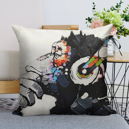 Banksy DJ Monkey Thinker with Headphones White Linen Throw Pillow Cover