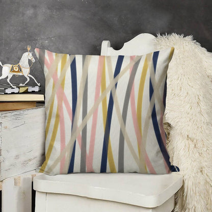Ribbon Abstract in Mustard Yellow, Blush Pink, Navy Blue, Grey, Almond, And White. Minimalist Modern Linen Throw Pillow Cover