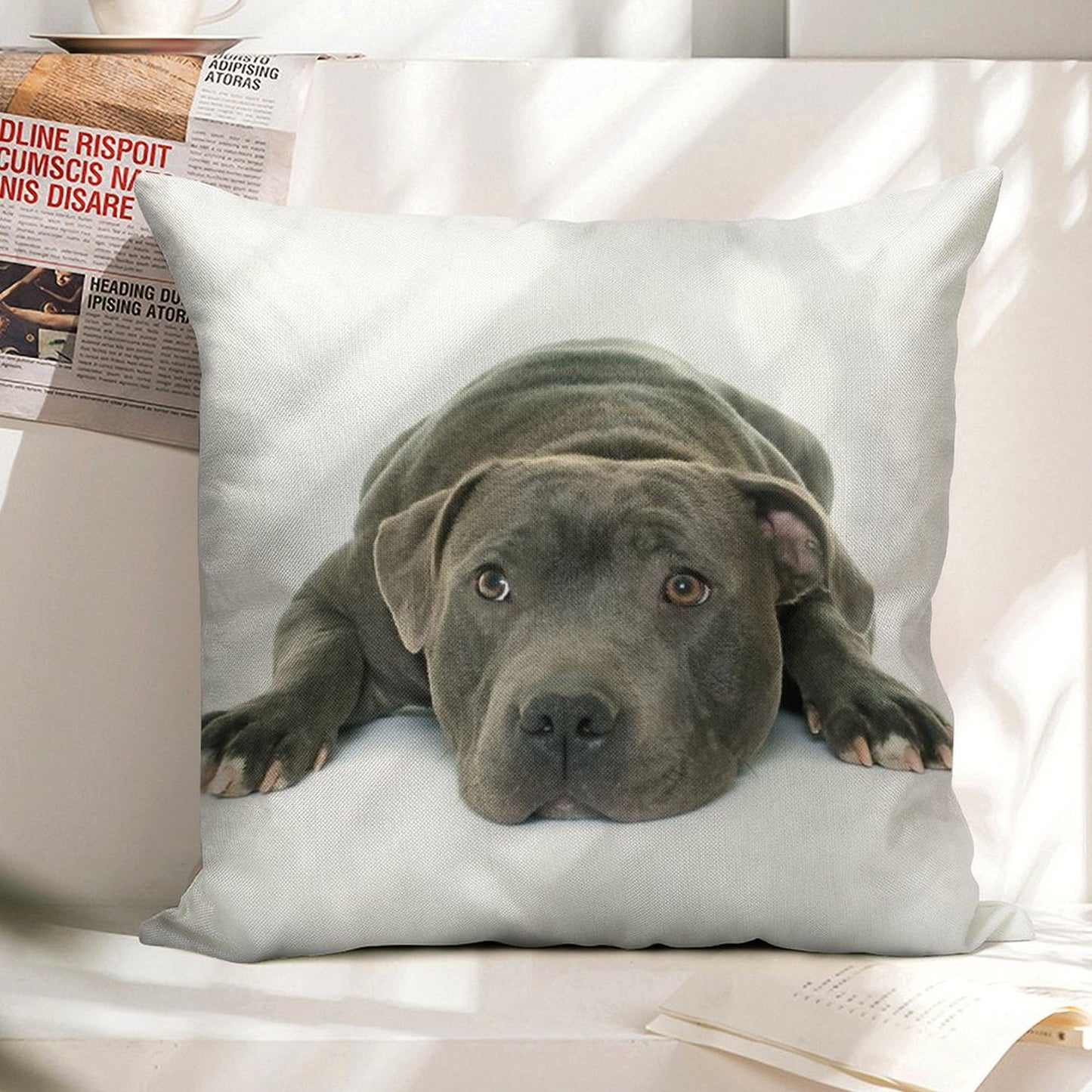 Blue Staffordshire Bull Terrier Super Cute Puppy Eyes Linen Throw Pillow Cover