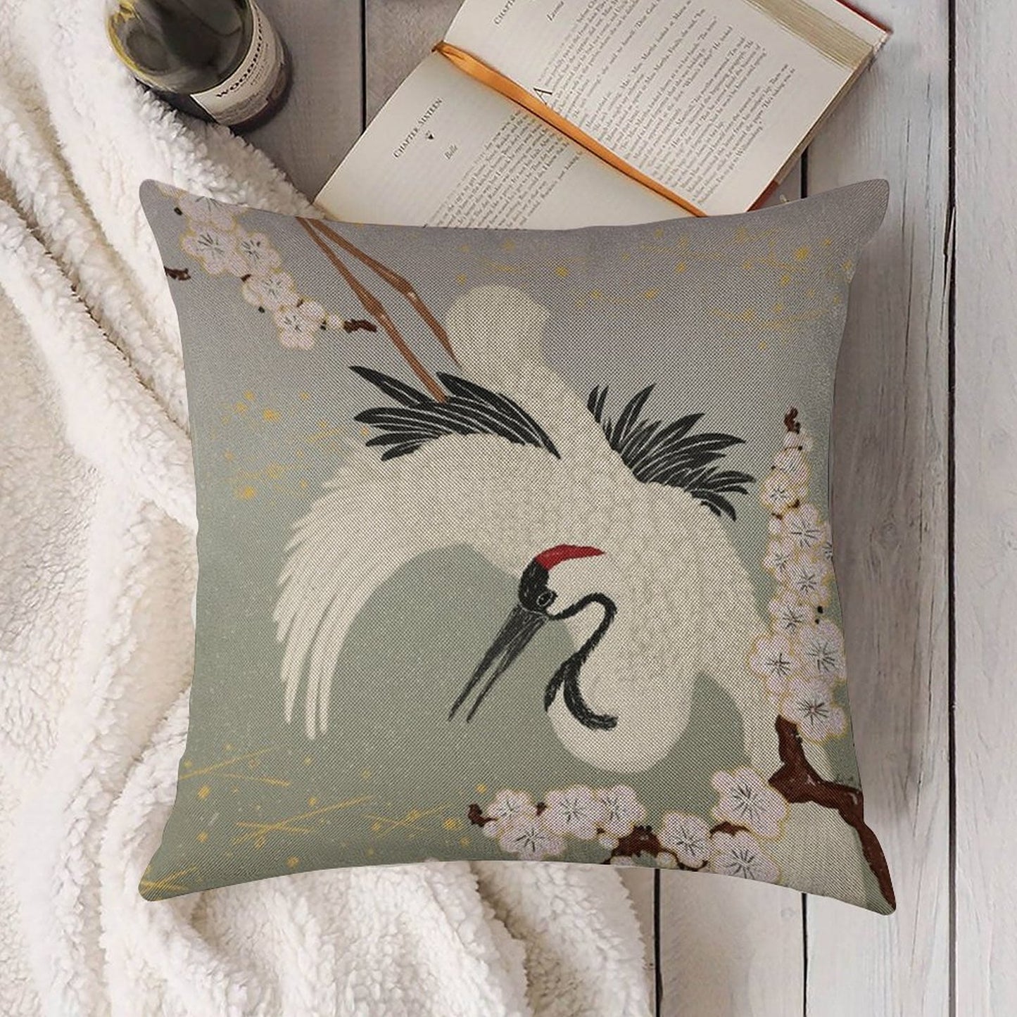 Japanese Crane Linen Throw Pillow Cover