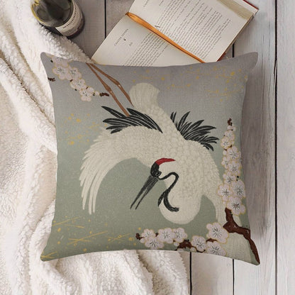 Japanese Crane Linen Throw Pillow Cover