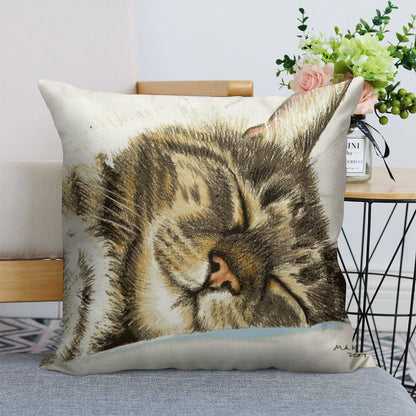 Sleeping Tabby Cat Linen Throw Pillow Cover