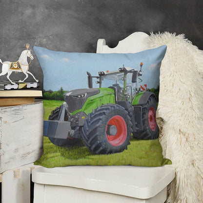Green Tractor in Field Linen Throw Pillow Cover
