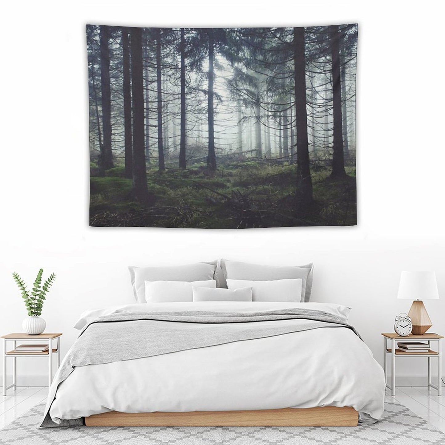 Through The Trees  Nightwalker In Ghostwood Romantasy Foggy Misty Fairytale Forest Covered In Magic Fog Tapestry