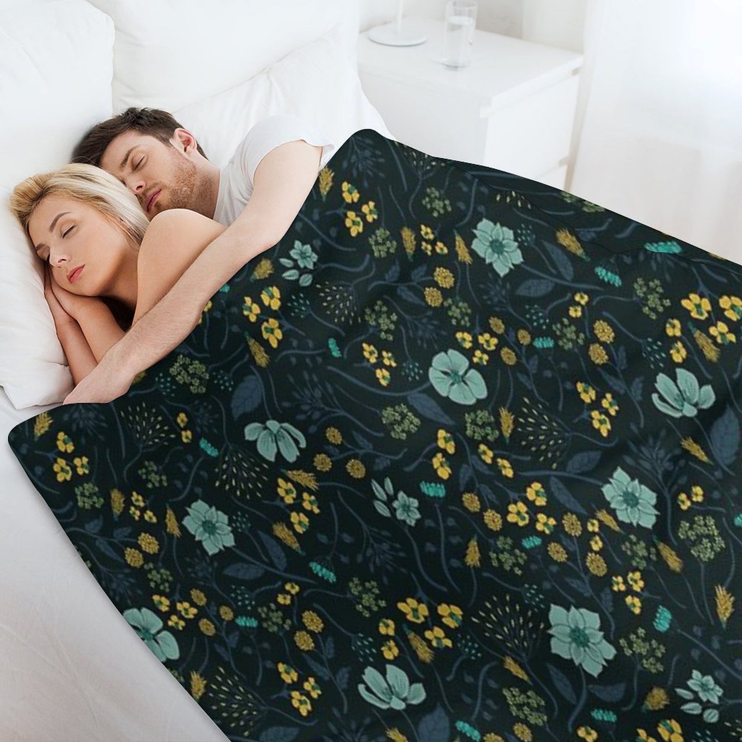 Turquoise, Yellow, Green & Dark Blue Floral Pattern Throw Blanket