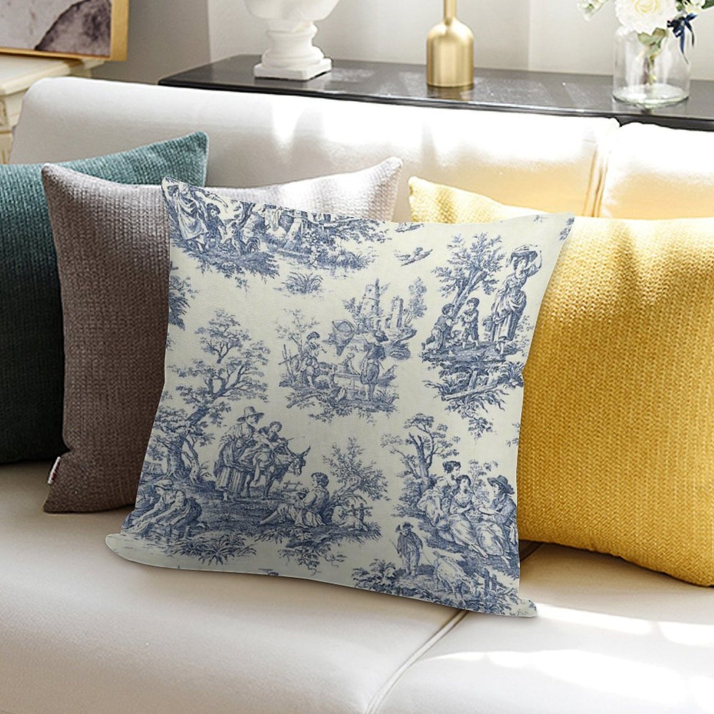 Powder Blue French Toile Picnic Designs Soft Ultra-Soft Texture Throw Pillow