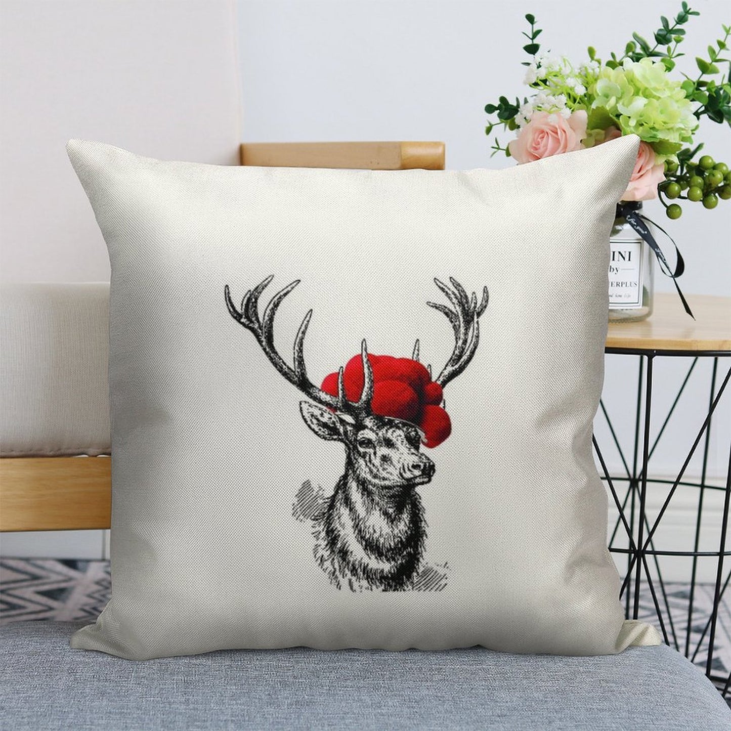 Deer with A Pollen Hat Linen Throw Pillow Cover