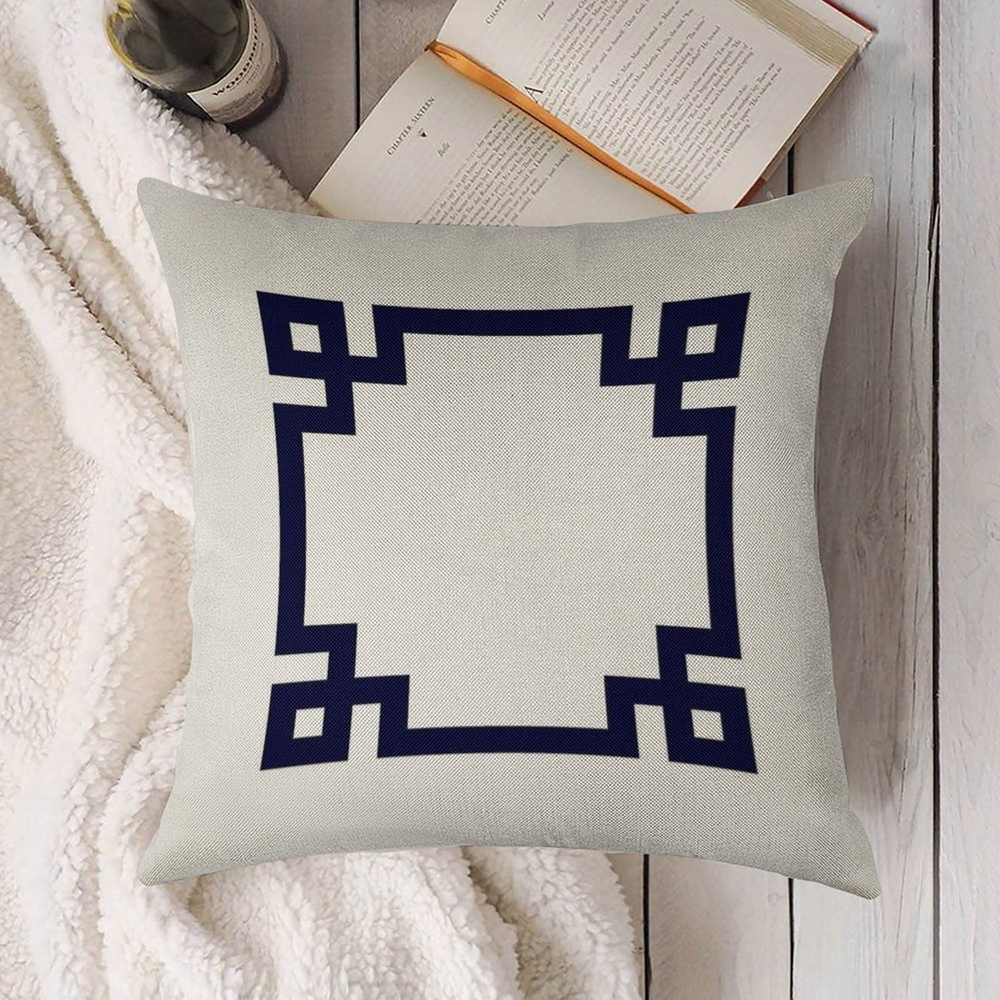 Navy Blue Greek Key Square On White Linen Throw Pillow Cover