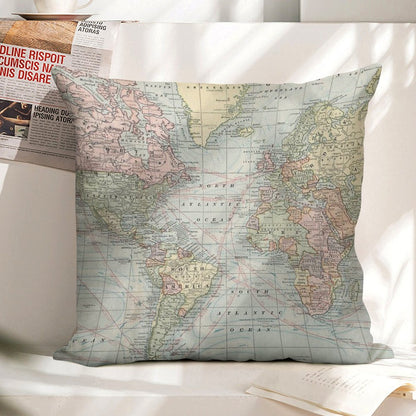 Vintage World Map Linen Throw Pillow Cover