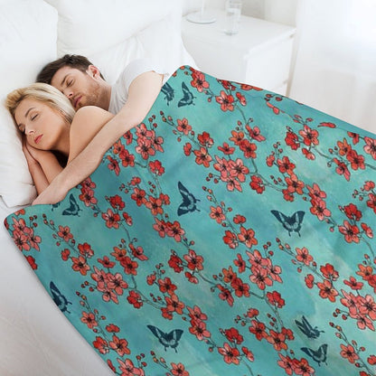 Sakura Butterflies in Turquoise Throw Blanket