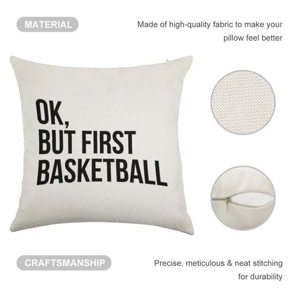 BUT FIRST BASKETBALL Linen Throw Pillow Cover